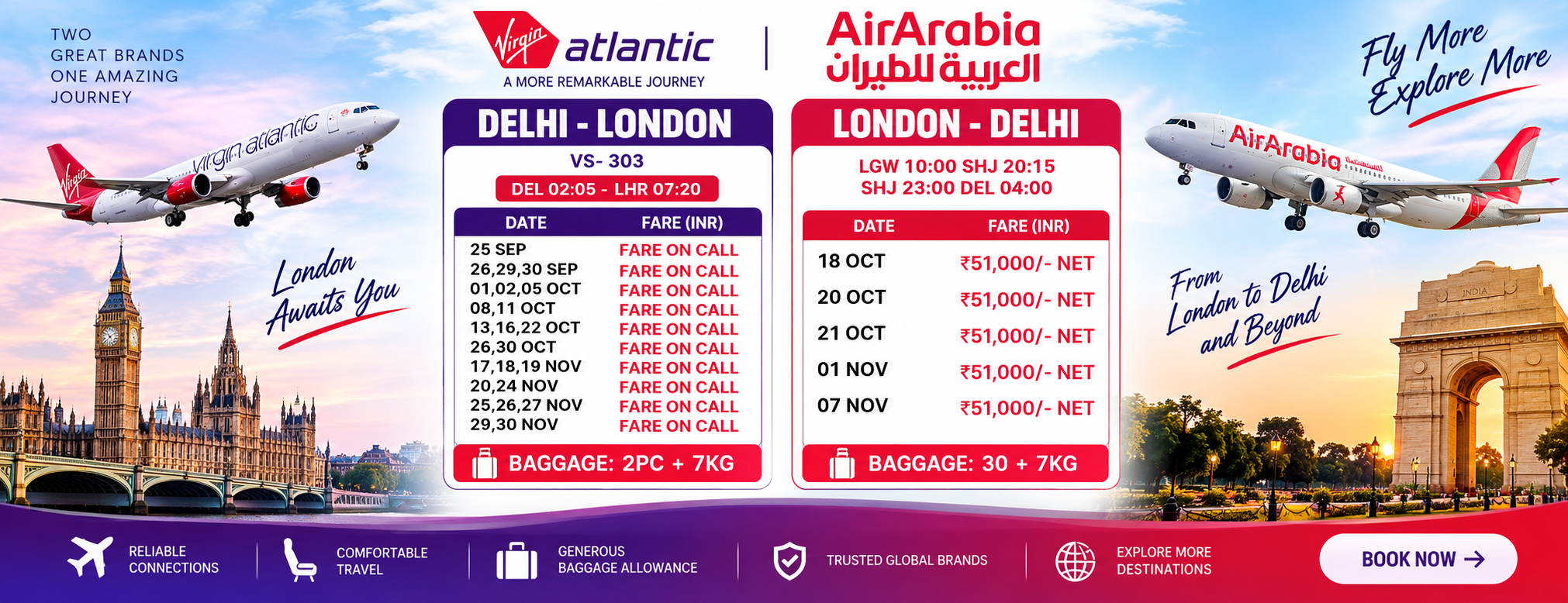 Virgin Atlantic & Air Arabia – Delhi London Special Fares